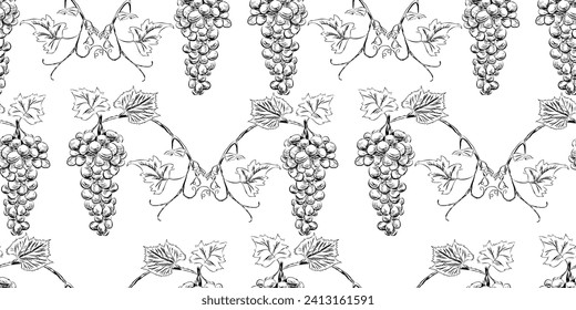 Seamless vector pattern of sketches vine branches with ripe grape berries bunches leaves and tendrils, background for textile,paper,wallpaper