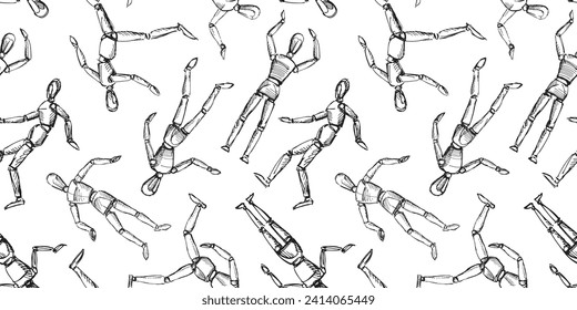 Seamless vector pattern of sketches wooden dolls human mannequins in various poses, hand drawn background for paper,wallpaper