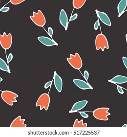 Seamless vector pattern with sketching red tulips on black for kraft, fabric, wrapping, print, textile