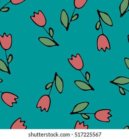 Seamless vector pattern with sketching red tulips on blue for kraft, fabric, wrapping, print, textile