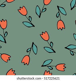 Seamless vector pattern with sketching red tulips on green for kraft, fabric, wrapping, print, textile