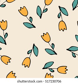 Seamless vector pattern with sketching yellow tulips on beige for kraft, fabric, wrapping, print, textile