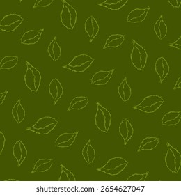 A seamless vector pattern of sketch-style green leaves with rough outlines, perfect for eco-friendly packaging, organic branding, herbal backgrounds, and botanical-themed designs.