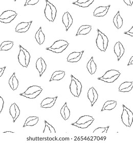 A seamless vector pattern of sketch-style green leaves with rough outlines, perfect for eco-friendly packaging, organic branding, herbal backgrounds, and botanical-themed designs.