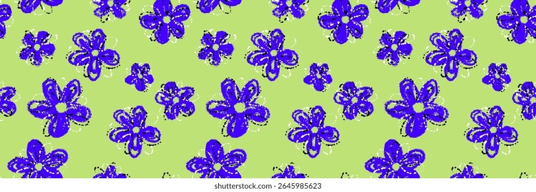 Seamless vector pattern with sketchy blue daisies and centers on a green background. Playful and cheerful design  for children s products, stationery, summer and spring themes