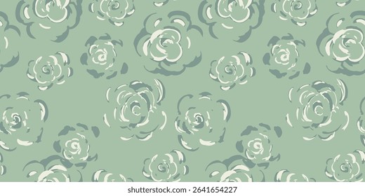 Seamless vector pattern with sketchy roses on pastel mint, green background. Artistic floral design for fabric, kids apparel, wrapping paper, romantic themed projects