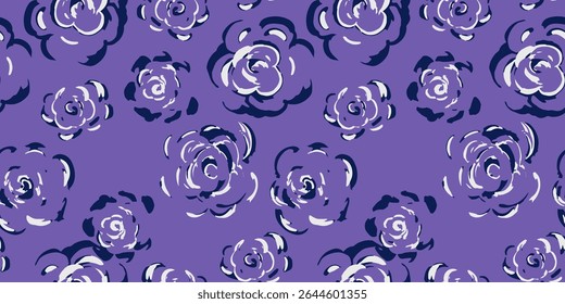 Seamless vector pattern with sketchy roses on violet, purple background. Artistic floral design for fabric, kids apparel, wrapping paper, romantic themed projects