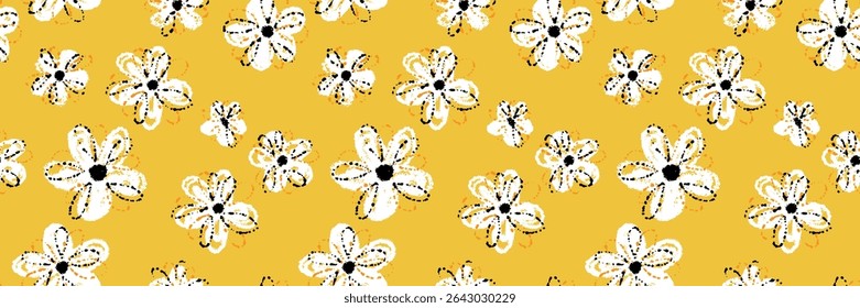 Seamless vector pattern with sketchy white daisies and black centers on a yellow background. Playful and cheerful design for children s products, stationery, summer and spring themes