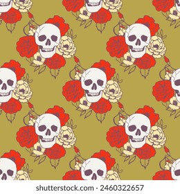 Seamless vector pattern with skull and flowers on a green background. Stylized endless ornament.
