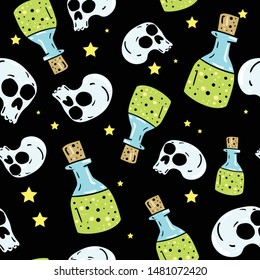 Seamless vector pattern with skull and potion in bottle on black background. Wallpaper, fabric and textile ideas. Wrapping paper pattern. Cute design. Halloween set.