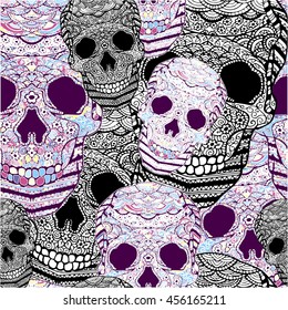 Seamless vector pattern with skull in zentangle style on color background. Perfect for printing, cloth design, wallpaper, wrapping, textures, design, print, clothes, t-shirt, poster. Boho. Doodle.