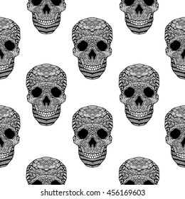 Seamless vector pattern with skull in zentangle style on white background. Perfect for printing, cloth design, wallpaper, wrapping, textures, design, print, clothes, t-shirt, poster. Boho. Doodle.