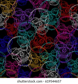 Seamless vector pattern with skull in zentangle style on color background. Perfect for printing, cloth design, wallpaper, wrapping, textures, design, print, clothes, t-shirt, poster. Boho. Doodle.