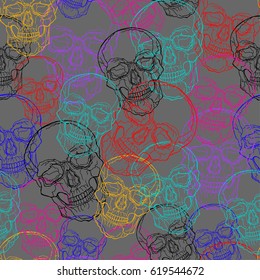 Seamless vector pattern with skull in zentangle style on color background. Perfect for printing, cloth design, wallpaper, wrapping, textures, design, print, clothes, t-shirt, poster. Boho. Doodle.