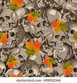 Seamless Vector Pattern With Skulls And Autumnal Maple Leaves