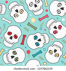 Seamless vector pattern of skulls, bones and flowers. Day of the Dead.