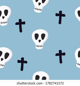 Seamless vector pattern with skulls and crosses on a colored background. Happy Halloween. Children's collection of flat design for t-shirts, fabrics, printing
