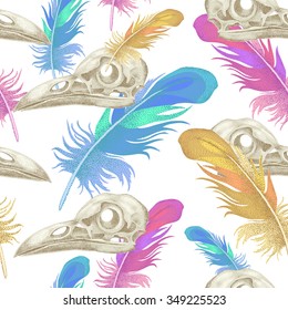 Seamless vector pattern with skulls and crow feathers. Decorative composition on the theme of death.