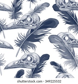 Seamless vector pattern with skulls and crow feathers. Decorative composition on the theme of death in black and white.