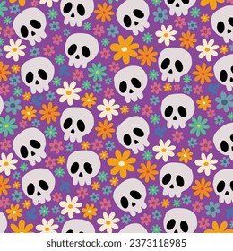 Seamless vector pattern skulls and flowers on purple background.