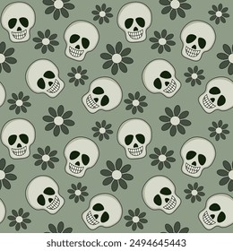 Patrón de Vector sin costura con calaveras y flores sobre fondo oscuro, diseño decorativo para impresión textil, Fondo de pantalla, embalaje.