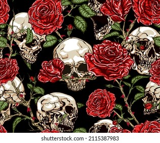 Seamless vector pattern of skulls and red roses with stems, leaves, buds and thorns tangled on black background.