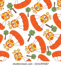 Seamless vector pattern with skydiver lion, Design concept for kids textile print, nursery wallpaper, wrapping paper. Cute funny background. 