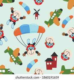 Seamless vector pattern with skydiver monkey, parachute and planes. Design concept for kids textile print, nursery wallpaper, wrapping paper. Cute funny background. 