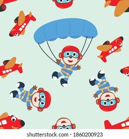 Seamless vector pattern with skydiver monkey, parachute and planes. Design concept for kids textile print, nursery wallpaper, wrapping paper. Cute funny background. 