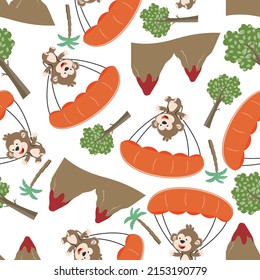 Seamless vector pattern with skydiver monkey, Design concept for kids textile print, nursery wallpaper, wrapping paper. Cute funny background. 