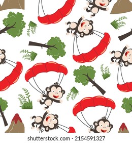 Seamless vector pattern with skydiver monkey, Design concept for kids textile print, nursery wallpaper, wrapping paper. Cute funny background.