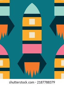 Seamless vector pattern with skyrockets in dark blue, bright blue, pink, retro yellow, beige and orange in upwards lines on a retro blue background