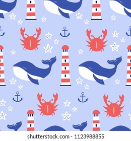 Seamless vector pattern sleep blue whale, starfish, lighthouse, crab cartoon illustration isolated on backdrop, wild animal texture,Character design for greeting card, children invite, baby shower