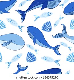 Seamless vector pattern, Sleep Blue Whale cute cartoon illustration isolated on white background, doodle animal, decorative texture, Character design for greeting card, children invite, baby shower