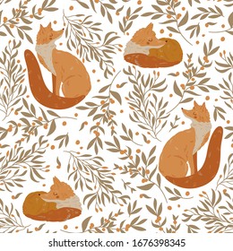 Seamless vector pattern with sleep and dream fox, orange berries and leaves. Floral background with animals. Illustration for fabric, textile, packaging paper, wallpaper. Vector stock illustration.