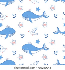 Seamless vector pattern sleep whale, seagull, star cute cartoon illustration isolated on white backdrop, wild animal decorative texture,Character design for greeting card, children invite, baby shower