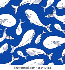 Seamless vector pattern, Sleep white whale cute cartoon illustration isolated on blue background, doodle animal, decorative texture, Character design for greeting card, children invite, baby shower