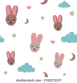 Seamless vector pattern sleeping bunny. Stars, hearts, moon, cloud.