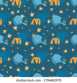 Seamless vector pattern with sleeping cat and dog. Flat cartoon illustration for wallpaper, scrapbooking paper, surface design