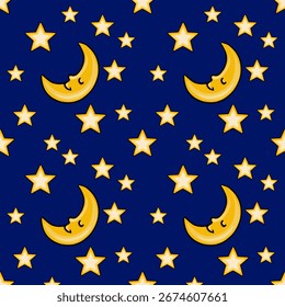 Padrão de vetor sem costura de uma lua crescente adormecida e estrelas douradas em um fundo azul escuro, perfeito para crianças têxteis ou projetos de design de sonho.