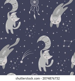 Seamless Vector Pattern. Sleeping Cute Cats, Moon, Stars, Dream Catcher, Twigs. Cute Animals For Printing On Baby Clothes.