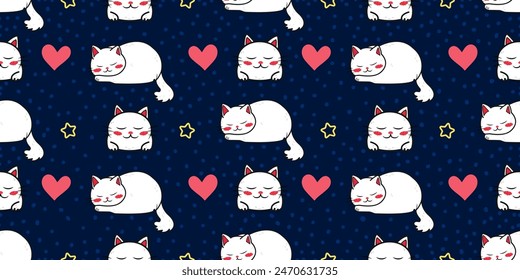 Seamless vector pattern with sleeping kawaii cartoon cats