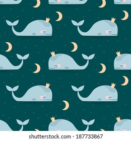 Seamless vector pattern with sleeping whales, moon & stars. Good night card