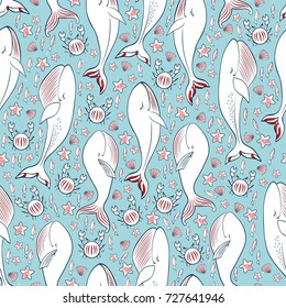 Seamless vector pattern sleeping white whale, seashell, starfish, crab cute cartoon illustration isolated on blue backdrop, wild animal decorate texture, Character design for children's greeting card