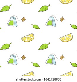 Seamless vector pattern with slice of lemon, green leaf and teabag. spring juicy repetitive pattern with matcha tea. Flat print on white background in hand drawn style. Packaging design for tea cup