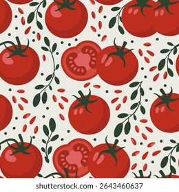 A seamless vector pattern with sliced red tomatoes green leaves leafy branches on light background , and scattered seeds, fresh, bold colors and playful style create a lively and appetizing.