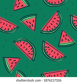 Seamless vector pattern. Sliced watermelons. Fun print for fabrics or wrapping paper. Summer fruit, super refreshing and sweet. Theme: kitchen, food, citrus, pink, red, lines.