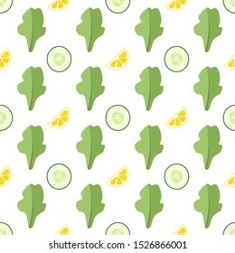 Seamless vector pattern. Slices of cucumber and lemon, lettuce on a white background. Healthy vegetarian food.