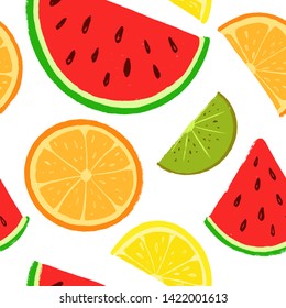 Seamless vector pattern. Slices of fruits. Watermelon, orange, kiwi, lemon. Hand drawn kids illustration. Food background. Pencil hatching texture. Colorful childish drawing.