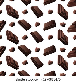 Seamless vector pattern with slices of milk and dark chocolate on a light brown background.